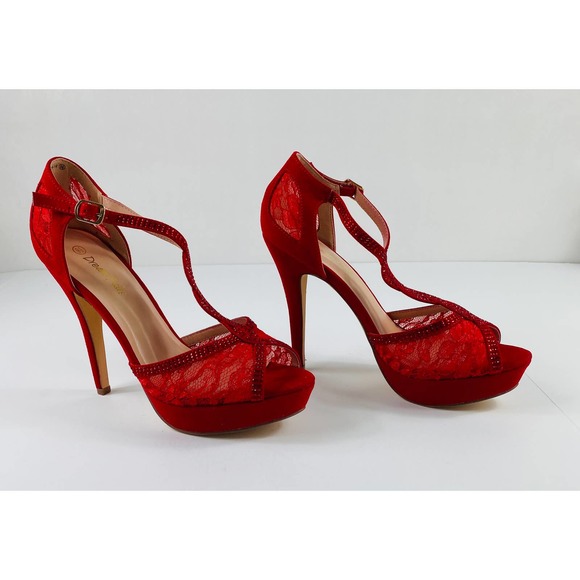 Dream Pairs Shoes - Dream Pairs Womens Swan 16 Red Suede Lace Jeweled Heels Size 9.5